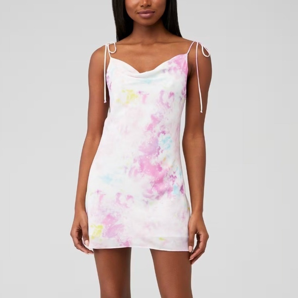 Revolve RESA Teenie Mini Dress Cotton Candy Tie Dye‎ XS Cowl Neck Tie Straps NEW